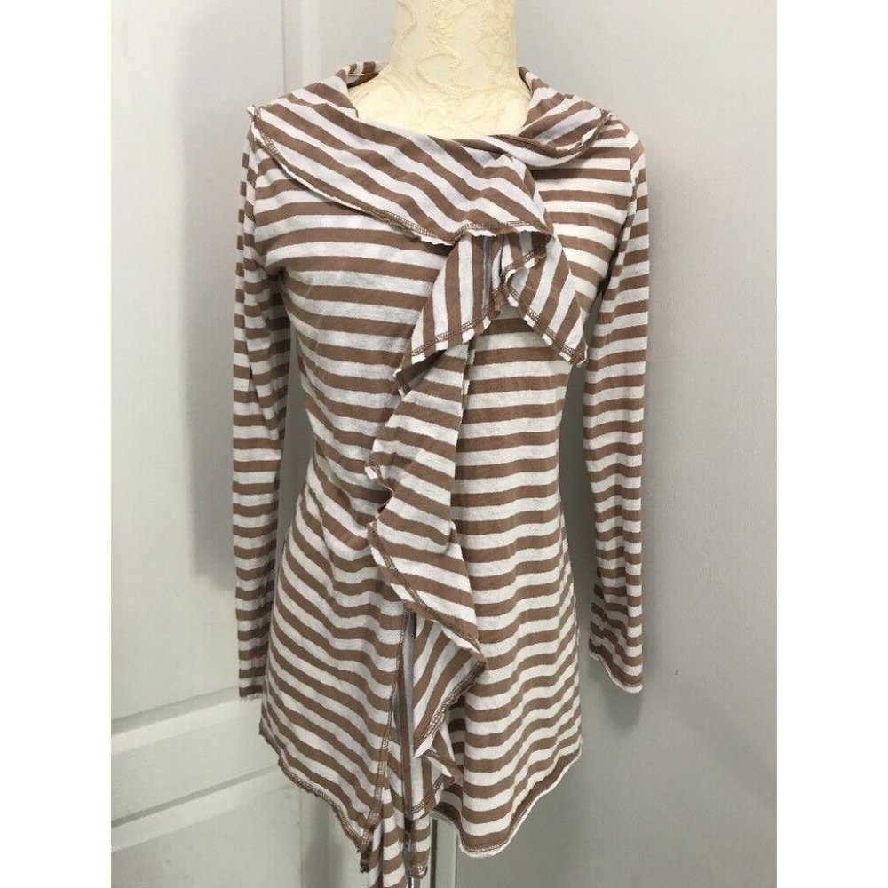 Allen Allen S Cardigan Taupe & White Striped Ruffle Front Cardigan/Top/Shirt